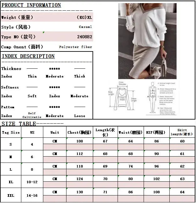 Autumn Winter Two Piece Set Loose V Neck Sweatshirt And Tight Skirt