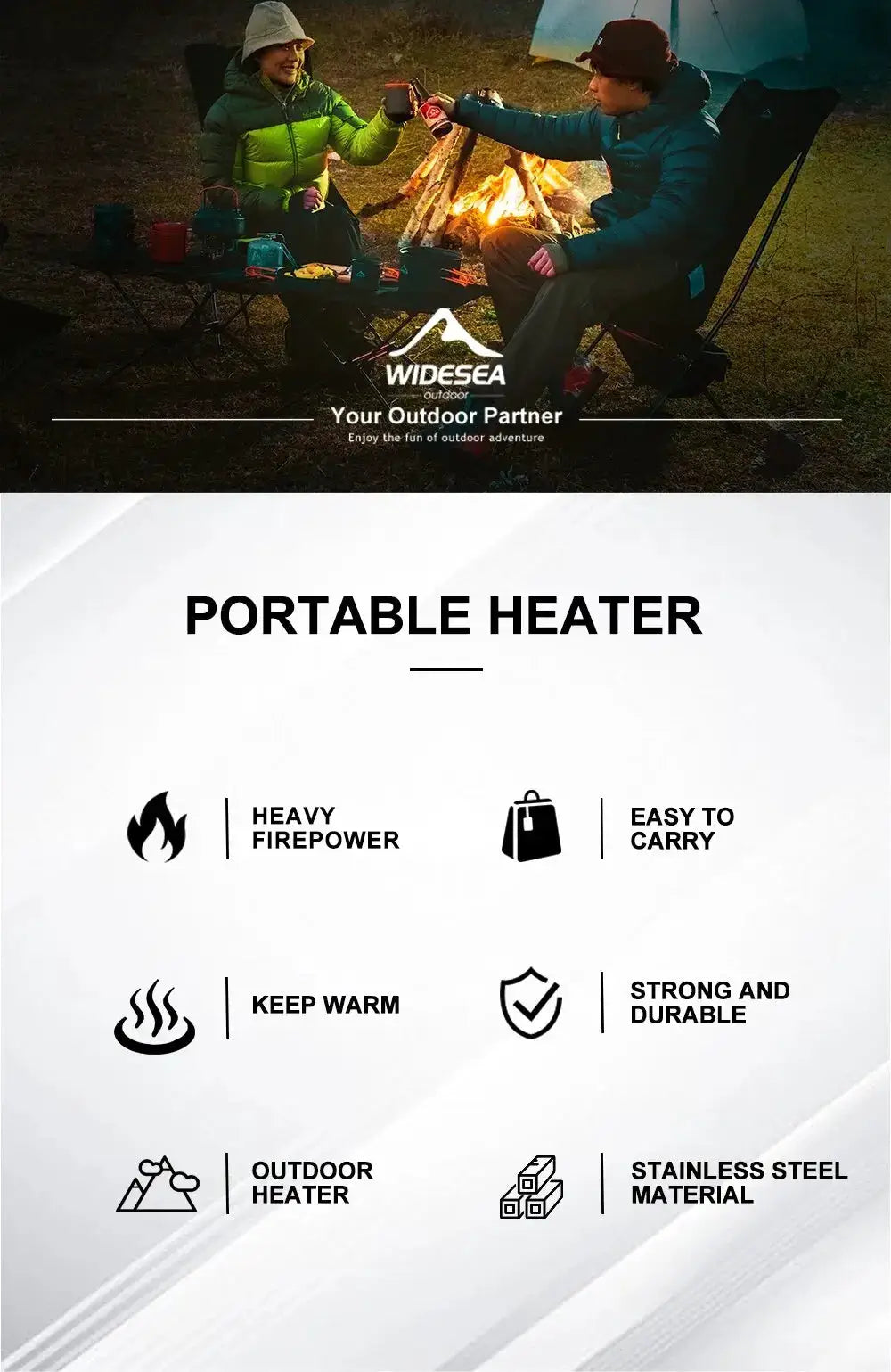 Widesea portable camping heater, stainless steel outdoor heater shown with camping gear