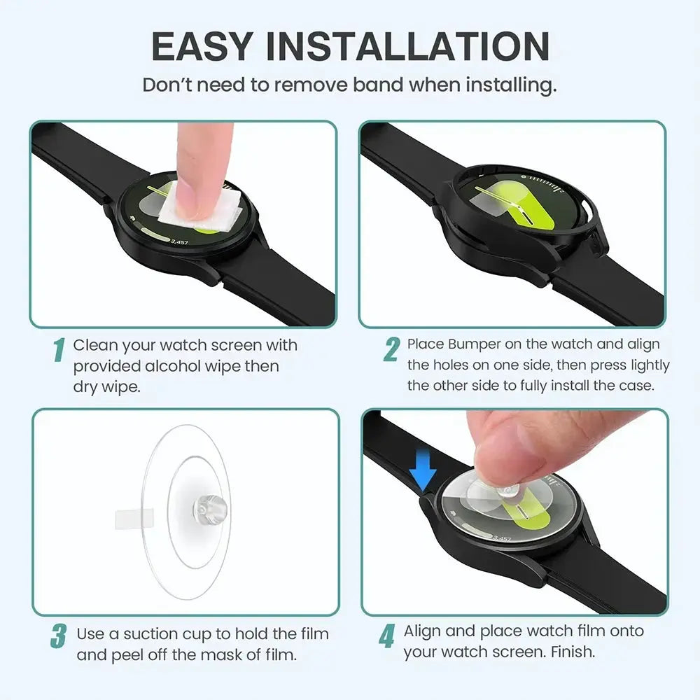 Matte black hard PC case with tempered glass screen protector for Samsung Galaxy Watch 40/44mm, step-by-step guide.