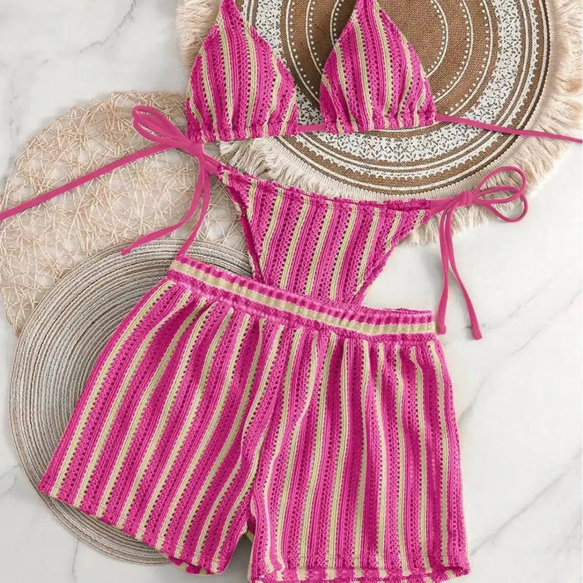 Simples Market pink striped three-piece bikini set with lace-up neck top and shorts