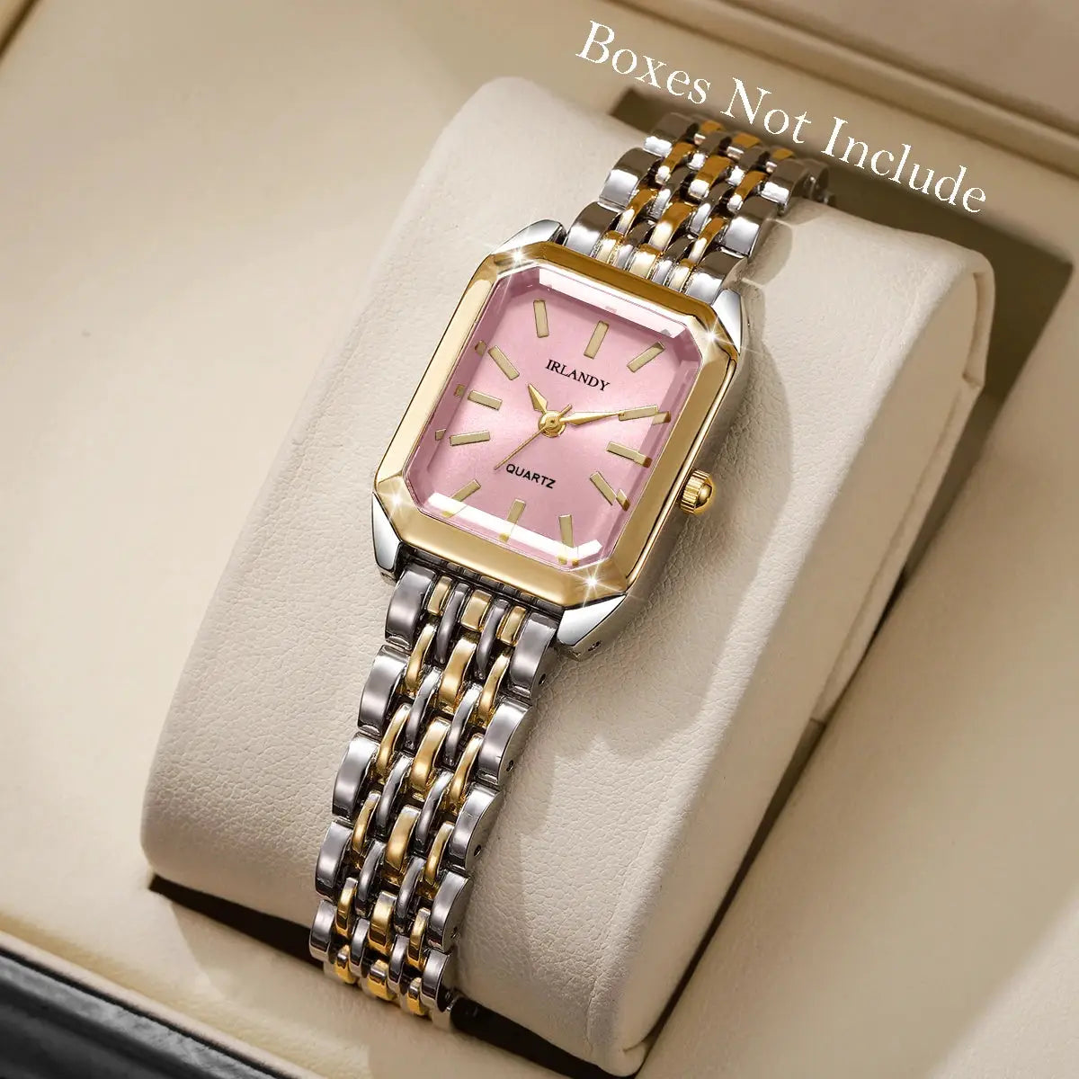 Irlandy rectangular women's quartz watch with pink dial and two-tone steel bracelet