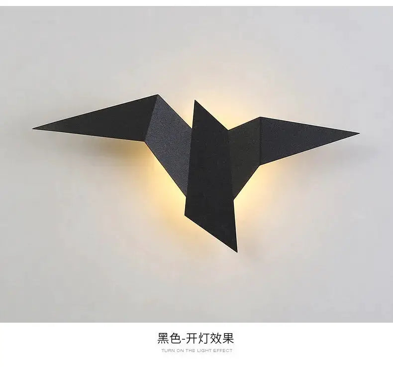 LED bird wall lamp in black metal with warm backlight for bedrooms and stairs