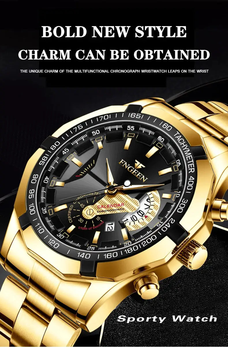BINBOND original men's quartz wristwatch, gold stainless steel with black dial and tachymeter bezel
