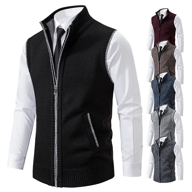 Simples Market men's stand-collar knit vest with zipper; black sleeveless sweater, six color options shown