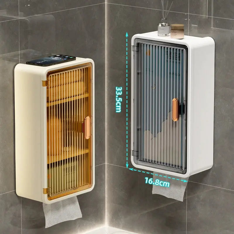 Two bathroom wall-mounted tissue box storage racks with vertical doors; white and beige, 33.5 cm tall, 16.8 cm wide