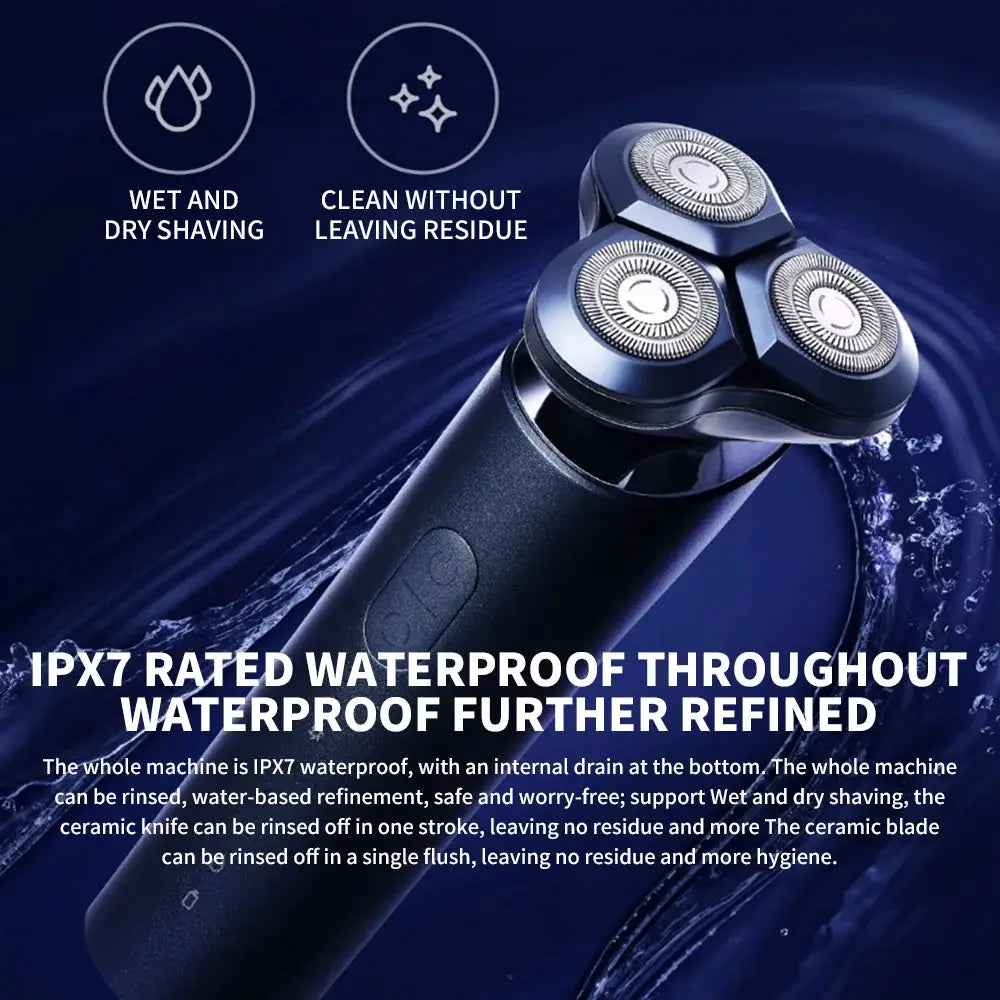 MIJIA S700 3-head electric shaver by Simples Market, blue, IPX7 waterproof for wet and dry shaving.