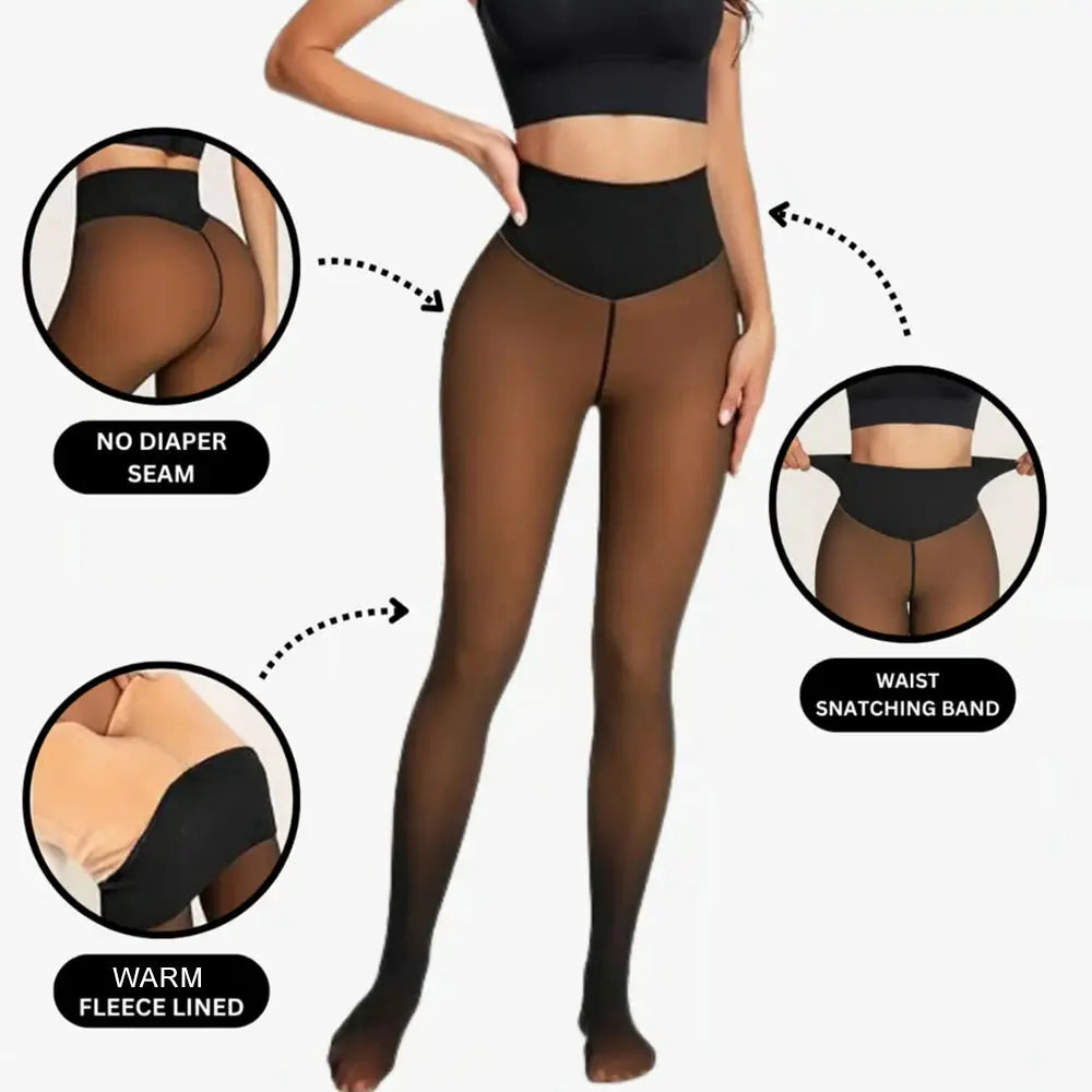 Simples Market One Seam Fleece-Lined Tights, plus-size black sheer pantyhose with warm fleece lining and waist-band.