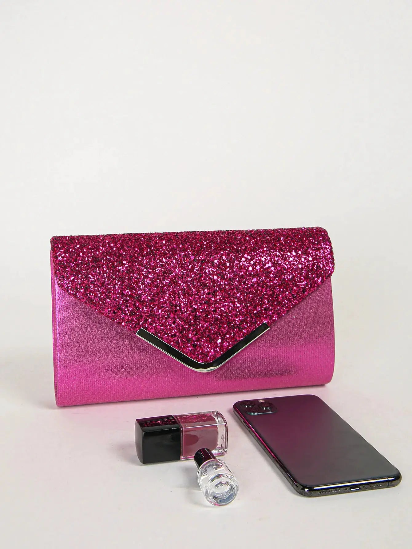 Women pink glitter envelope clutch purse with chain strap by Simples Market