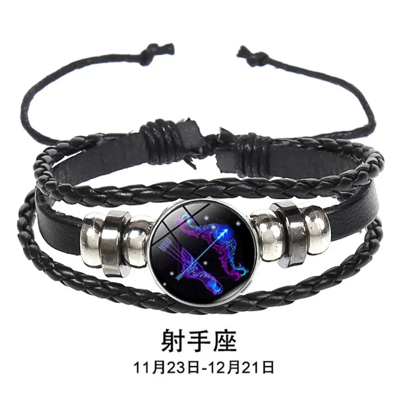 12 Constellation Zodiac Sign Luminous Charm Leather Wrap Bracelet Multilayer Vintage Unisex Bangle
