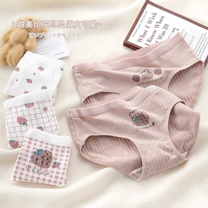 5-piece cotton panties set, pink mid-rise briefs with strawberry cartoon prints