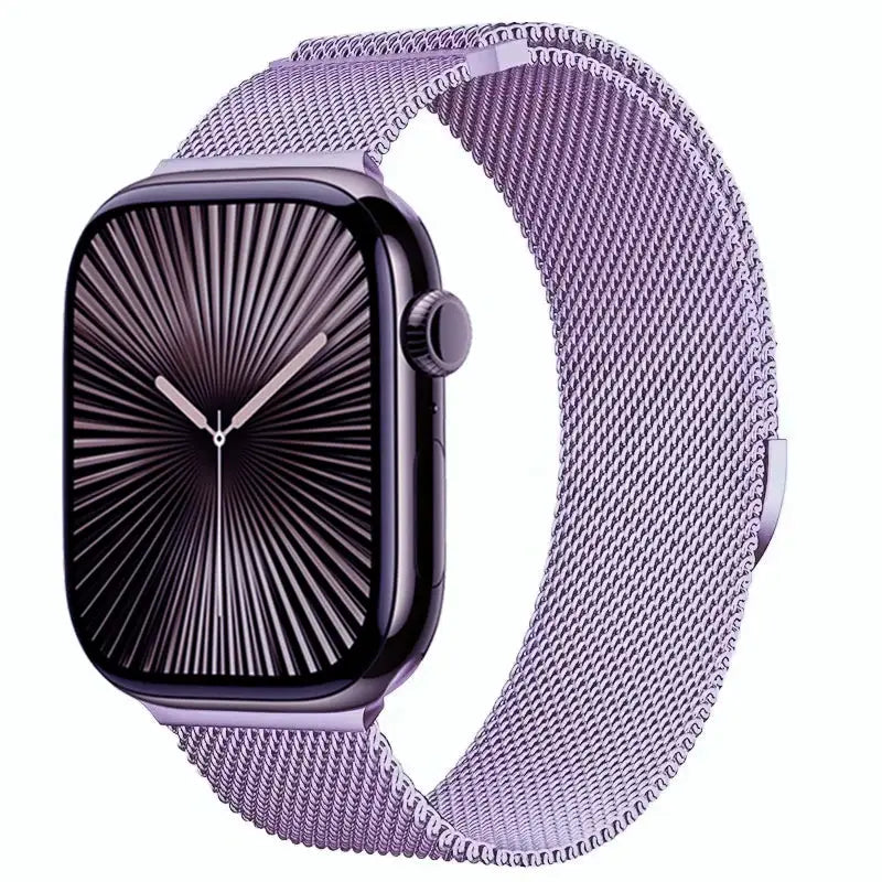 Apple Watch metal Milanese strap by Simples Market; purple stainless-steel mesh band for 40–49mm models