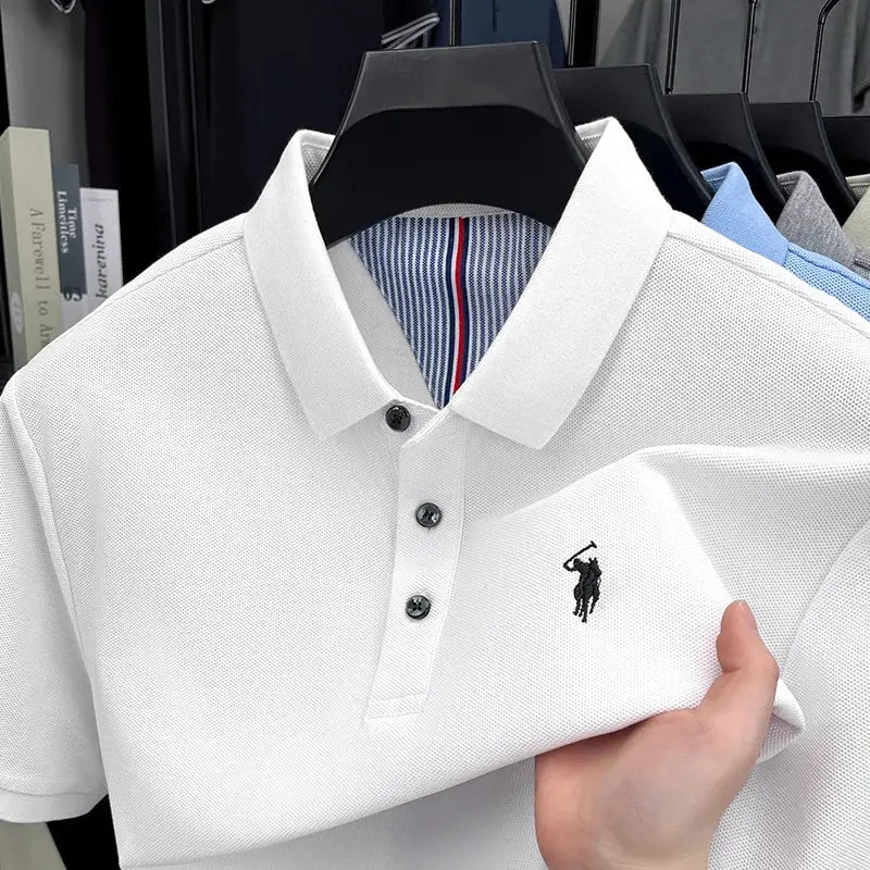 White 100% cotton polo shirt with black pony embroidery, short sleeves
