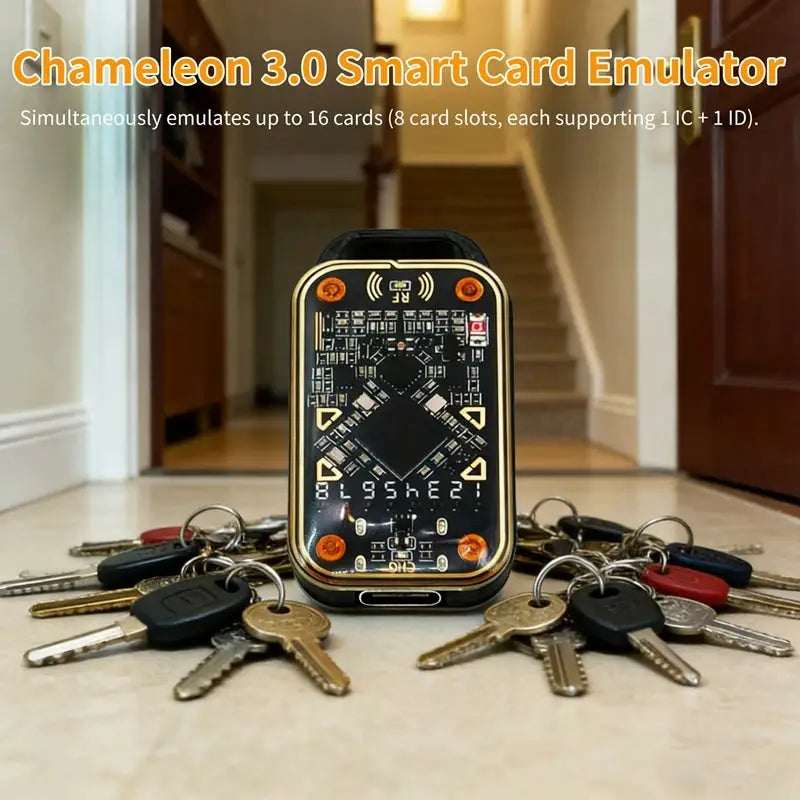Chameleon 3.0 RFID smart card emulator with exposed circuit board, black case and gold trim among keys