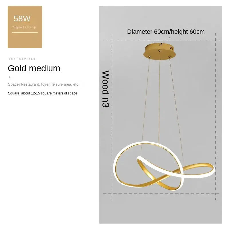 Dining room lamp pendant, gold metal loop design with LED ring, Simples Market, 60cm diameter