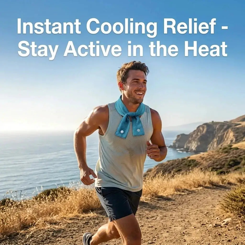 Cooling Ice Scarf blue neck scarf worn by man while jogging along a coastal trail