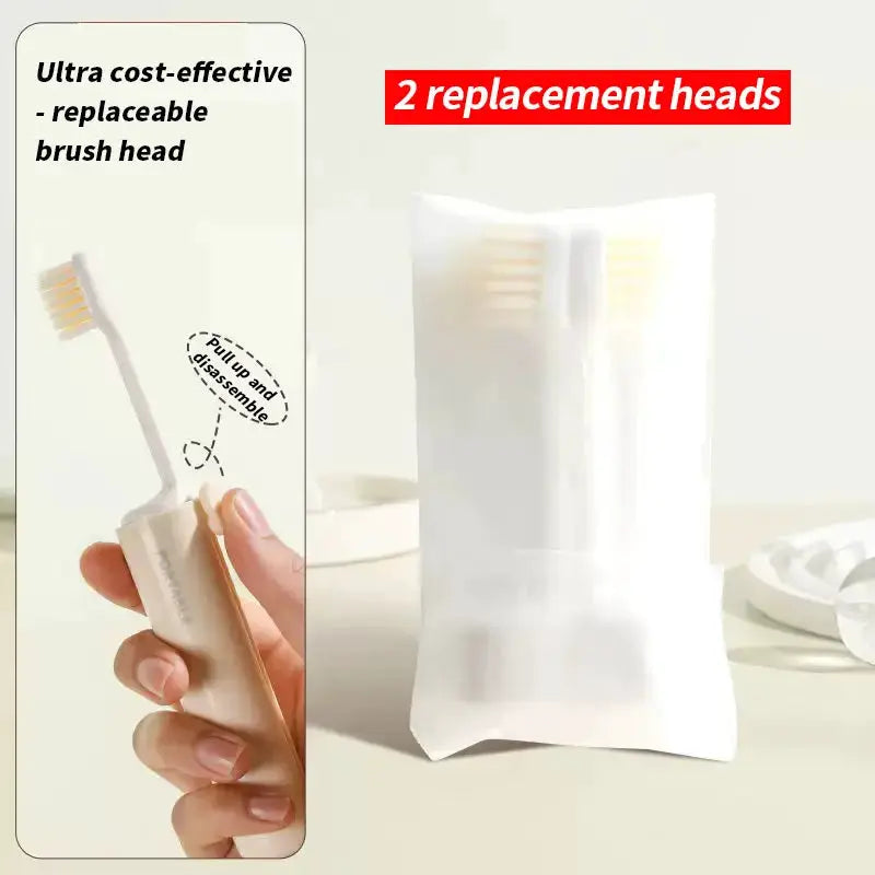 2-in-1 foldable travel toothbrush by Simples Market with toothpaste storage, 2 replacement heads, macaron colors