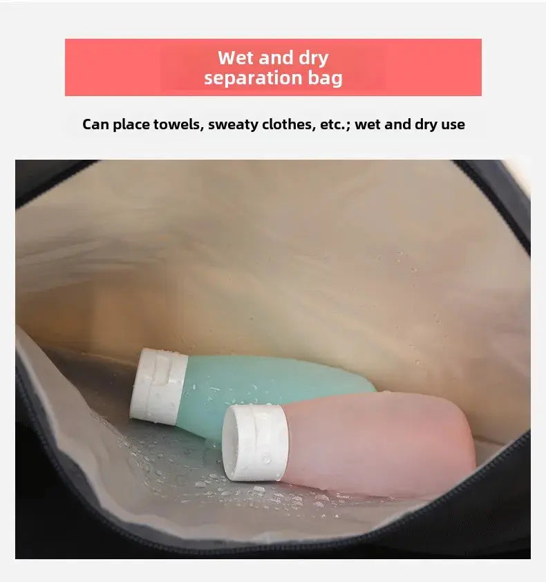 Expandable travel duffle bag interior with wet-dry separation pocket; two pastel pink and mint bottles.