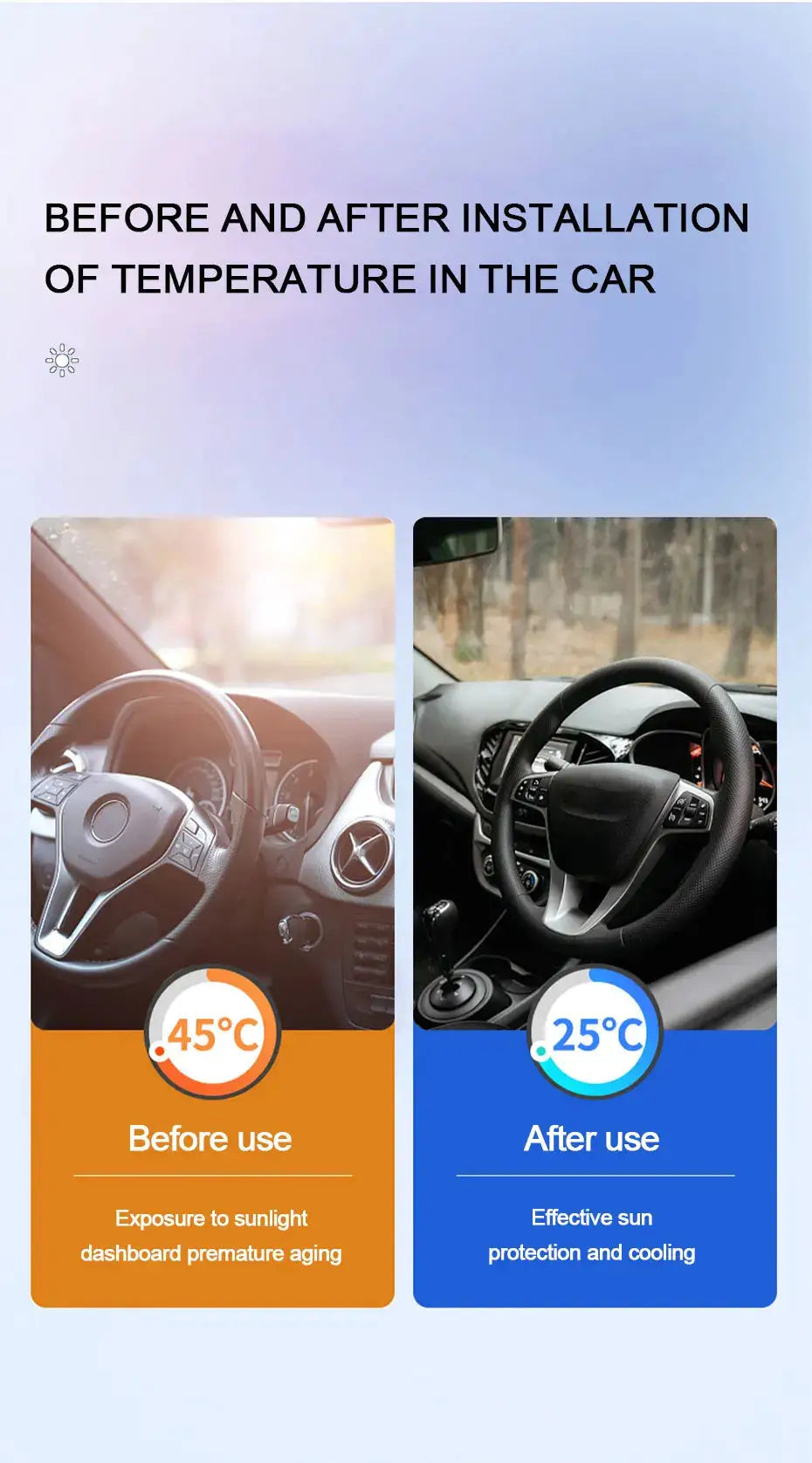SEAMETAL car windshield sun shade cover by Simples Market; before vs after use with 45°C and 25°C indicators