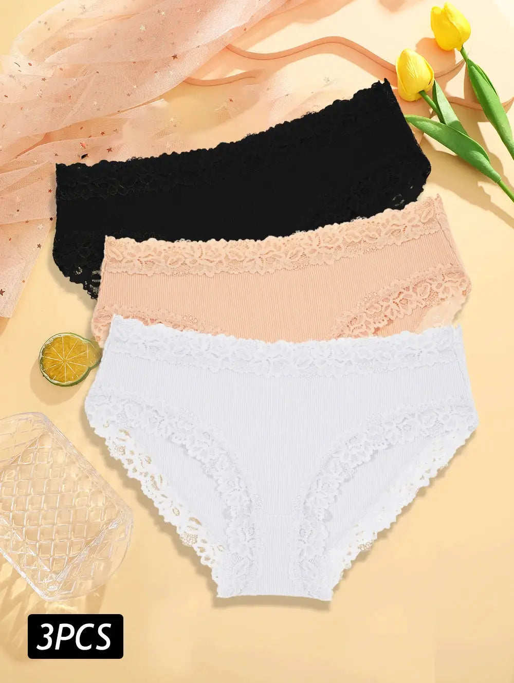 Simples Market 3-piece lace cotton panties set in black, nude and white with floral lace trim, low-rise briefs