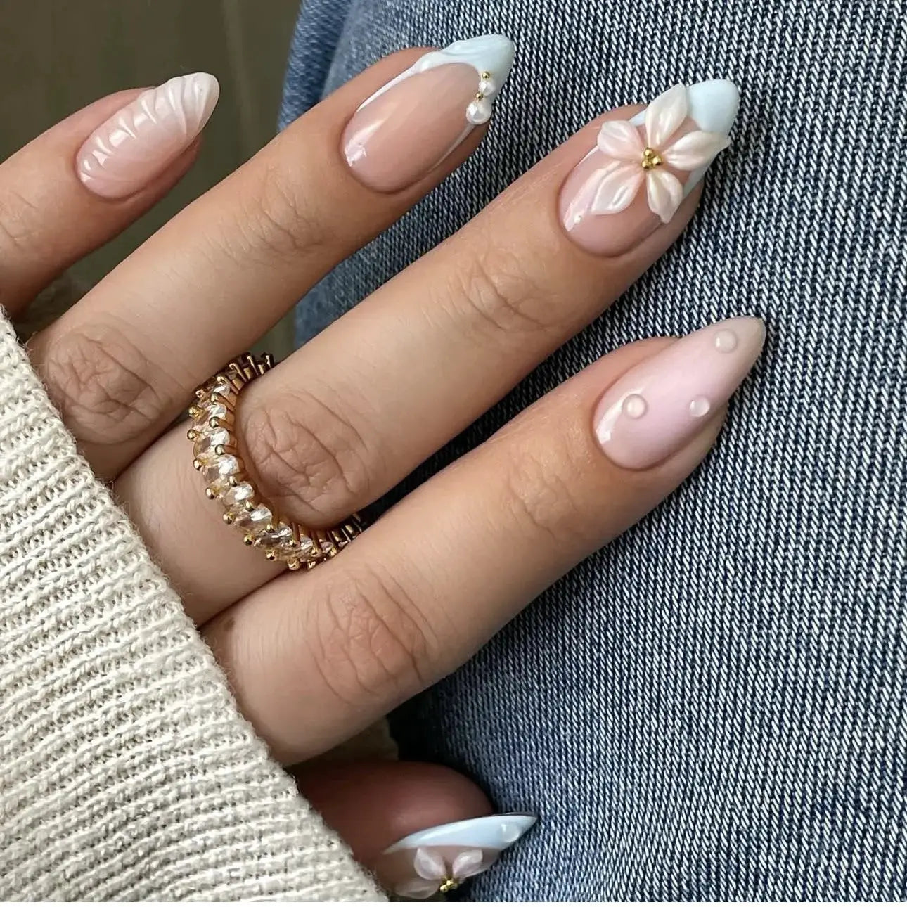 GlamNail Pink Almond Press On Nails Full Coverage Carved Flower 3D Ripple French Tips Golden Pearl Finish