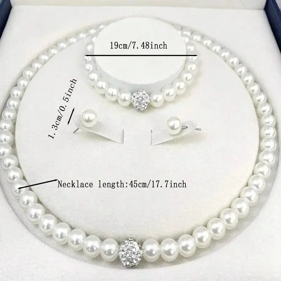 3 Piece Imitation Pearl Fireball Necklace Bracelet Earring Stud Jewelry Set For Women Silver Crystal Bridal Gift