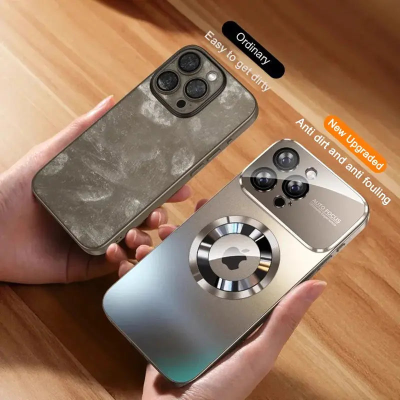 2 MagSafe camera cases for iPhone with marble gray and metallic silver finishes, glass shockproof design.
