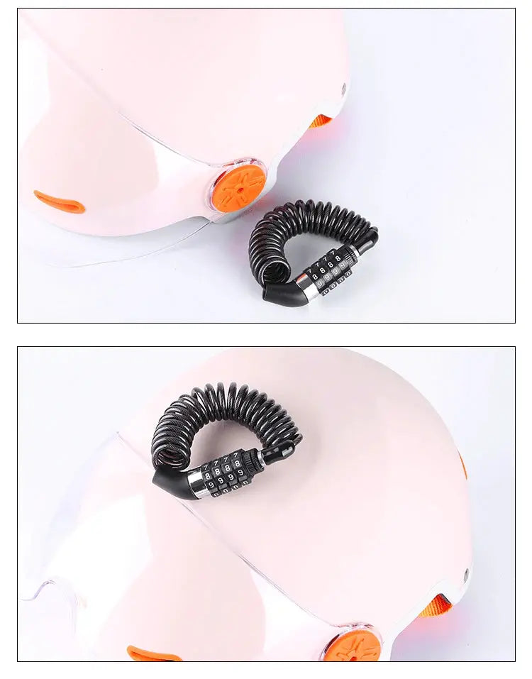 Bicycle helmet in pink with orange vents, paired with a black coiled combination lock; two-item set.