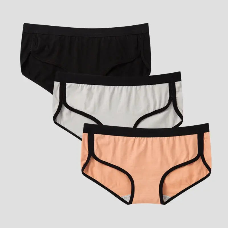 3-pack BANNIROU women's cotton briefs in black, white, and peach with black trim by Simples Market