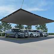 6x6m black shade cloth with grommets installed over three parked cars, anti-UV garden sunshade net.