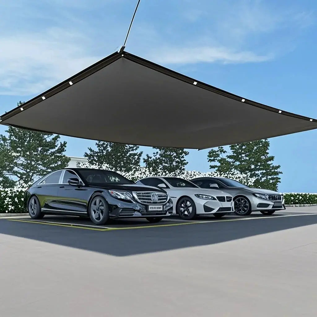 6x6m black shade cloth with grommets installed over three parked cars, anti-UV garden sunshade net.