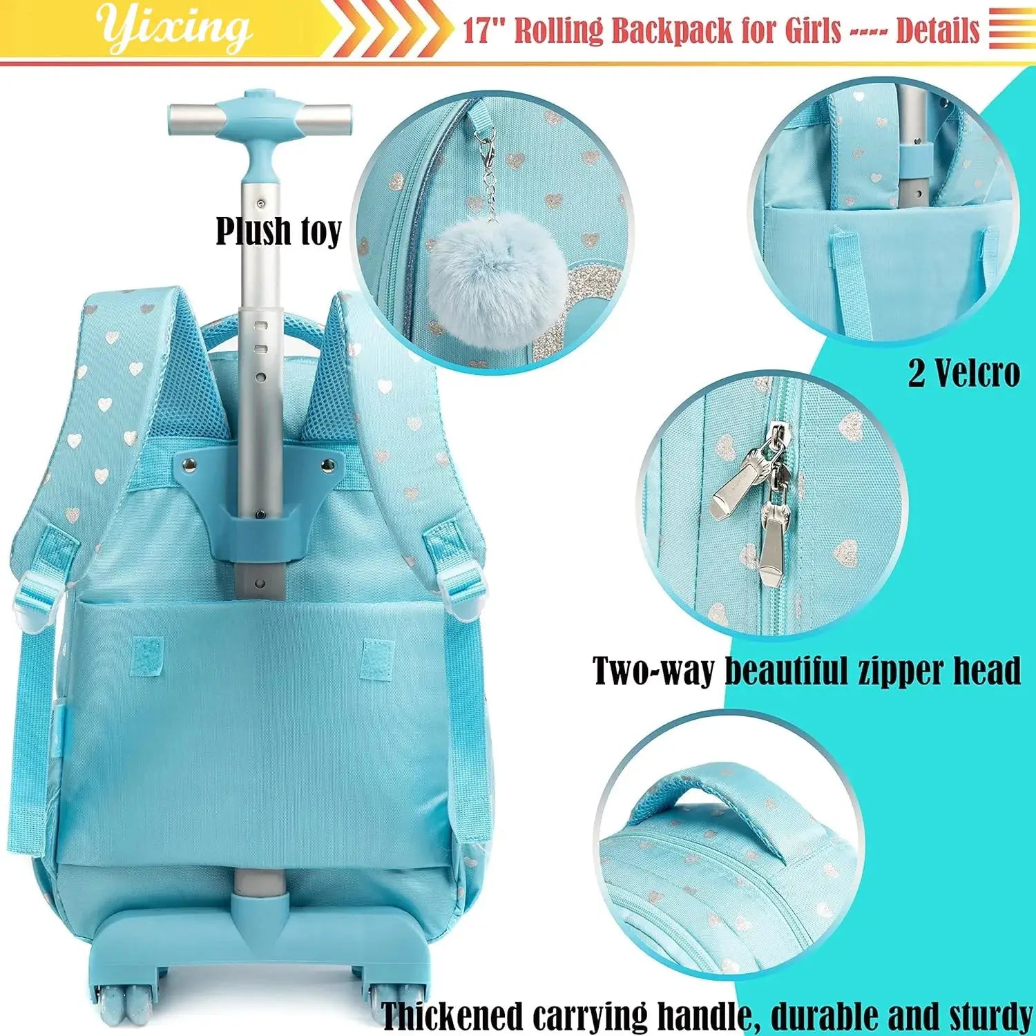 Children's wheeled backpack in light blue with white hearts for girls.