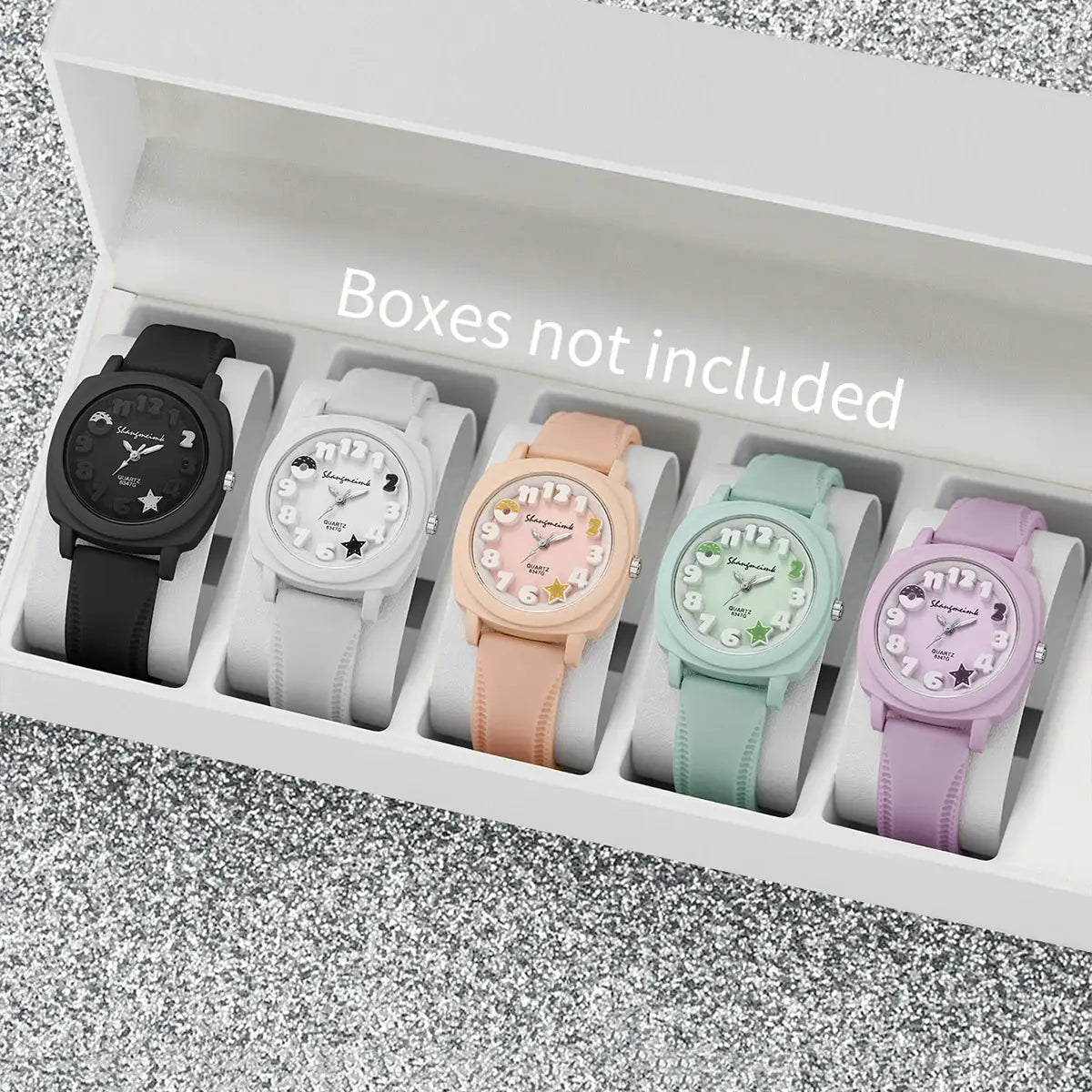 Women's silicone-band quartz watches set by Simples Market; six watches in black, white, peach, mint, lavender, pink