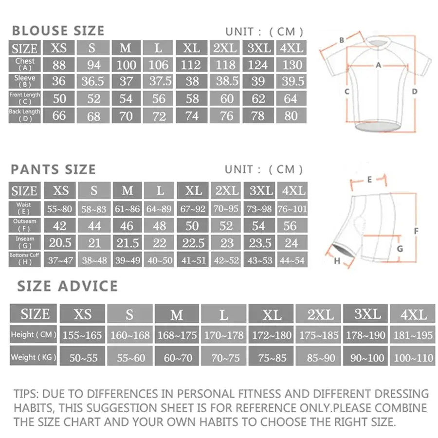 Rvouei cycling jersey set size chart with shirt and shorts measurements