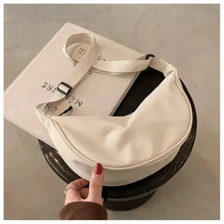 Simples Market nylon dumpling bag, white lightweight crossbody with adjustable beige strap