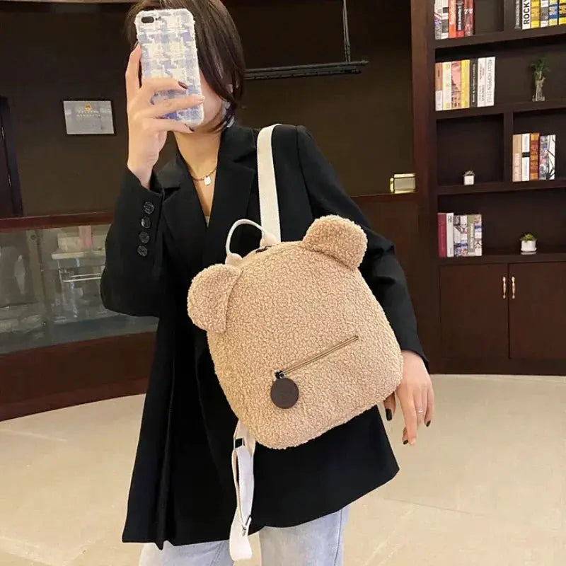 Bear-ear fleece mini backpack in beige for kids, plush daypack with front zipper
