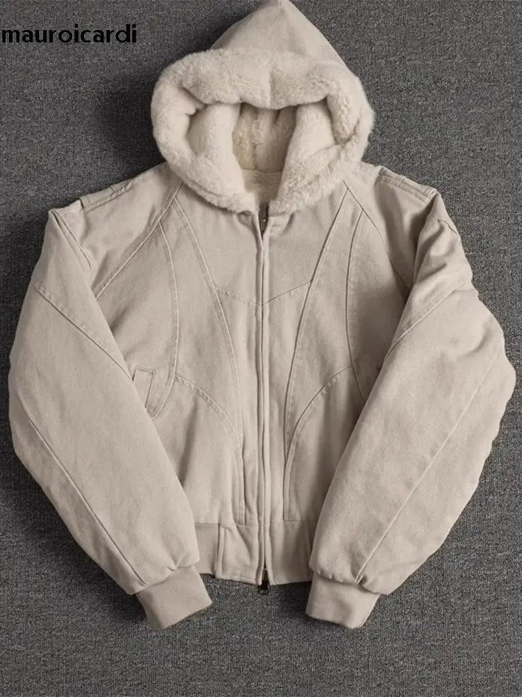 Mauroicardi beige padded canvas jacket with faux-fur hood and front zip, oversized