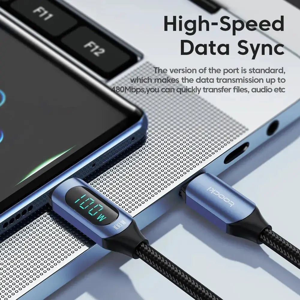 Toocki USB-C to USB-C 100W PD cable with braided black cord and blue metal ends, POCO branding visible on connector