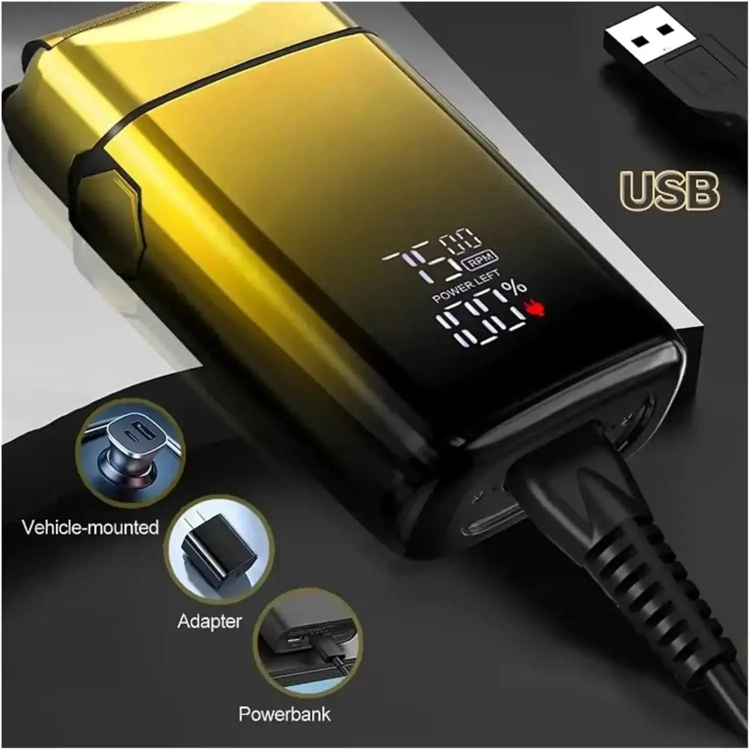 Kemei TX10 electric shaver for men, USB rechargeable with LCD display and gold-black finish
