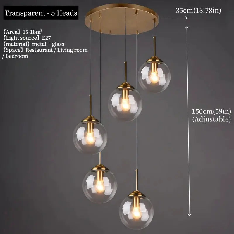 Chandelier by Simples Market: modern luxury metal pendant with 5 glass bulbs, brass finish, adjustable height.