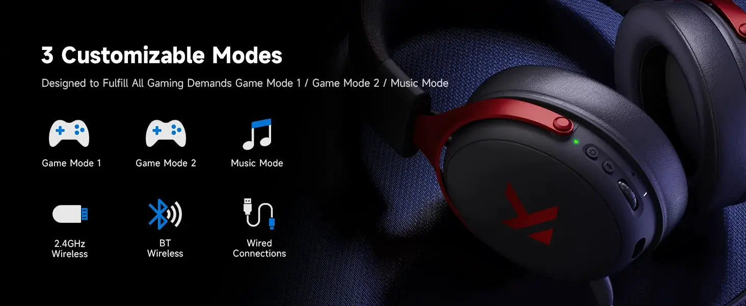 MCHOSE V9 Pro wireless gaming headset with red accents and blue cushions, 3 customizable mode icons on black background
