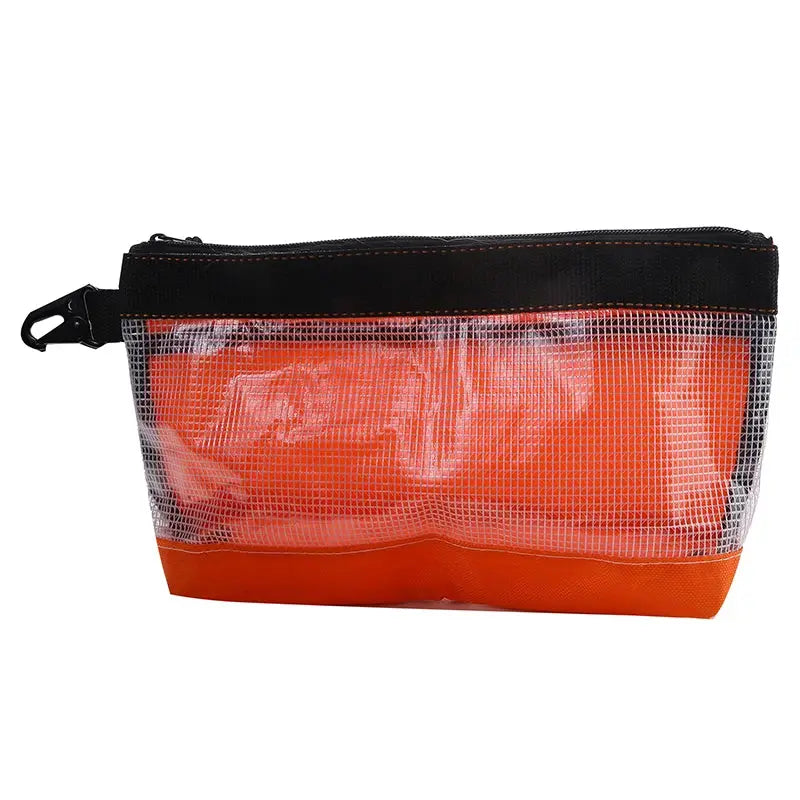 Transparent PVC waterproof organizer pouch with orange bottom and black zipper, electrician tool bag