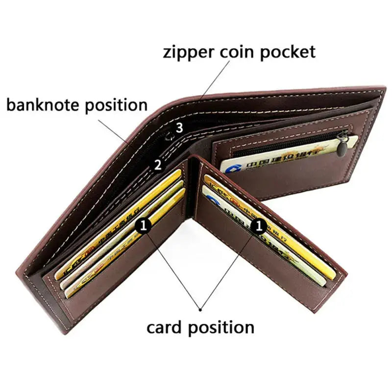 Short men's wallet Simples Market brown PU leather with card slots, zipper coin pocket, and bill compartment.