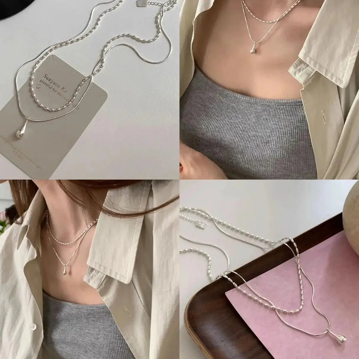 Drop pendant necklace in 925 sterling silver with double collar chain by Simples Market for women