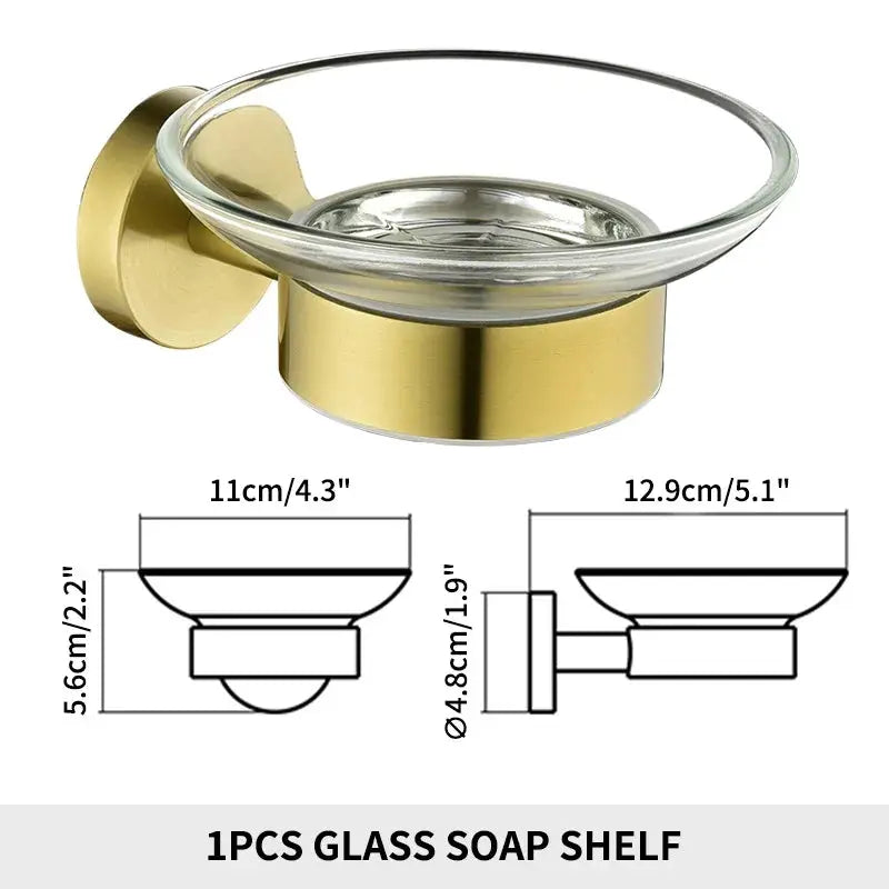 Glass soap dish with brushed gold wall-mount holder for bathroom
