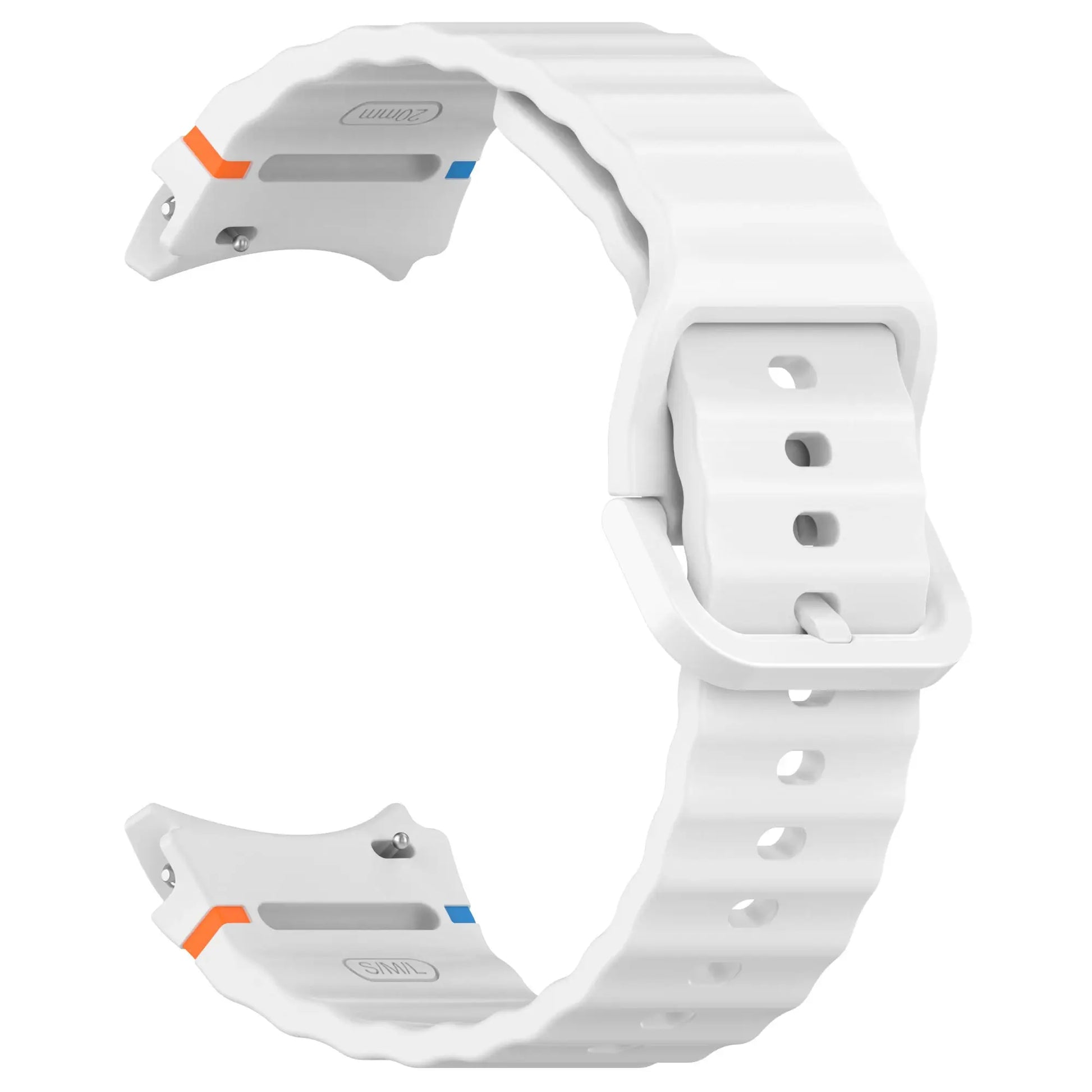 Original Simples Market white silicone Galaxy Watch strap for 44/40mm with orange and blue accents.