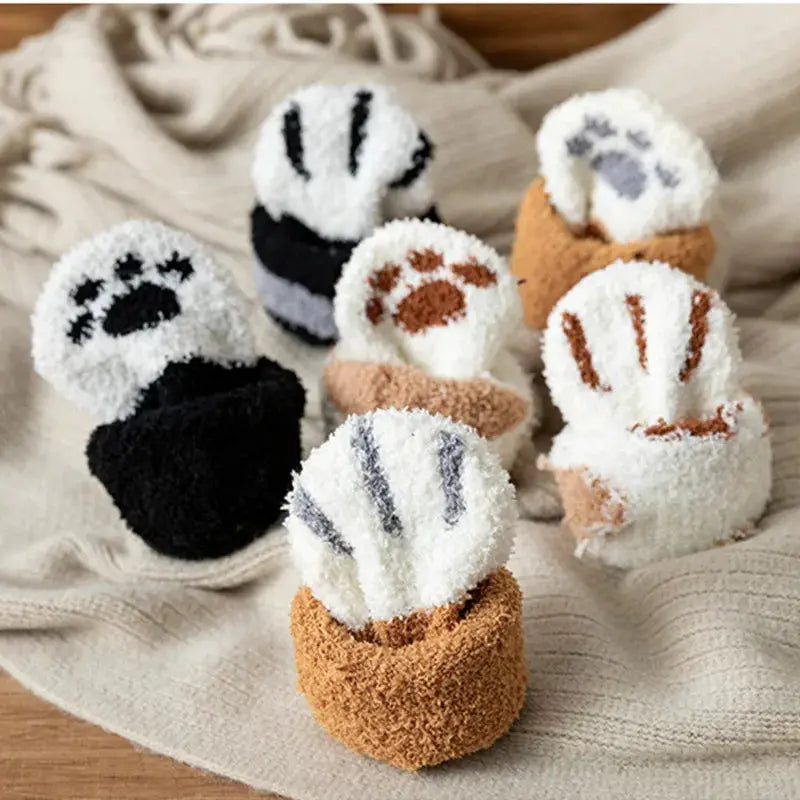 Kawaii Cartoon White Socks For Women Cute 3D Dog Paw Pattern Fleece Warm Home Floor Sleeping