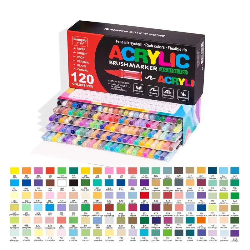 Simples Market 120-color waterproof acrylic brush marker set with soft nib for glass, stone, metal, wood, plastic and paper