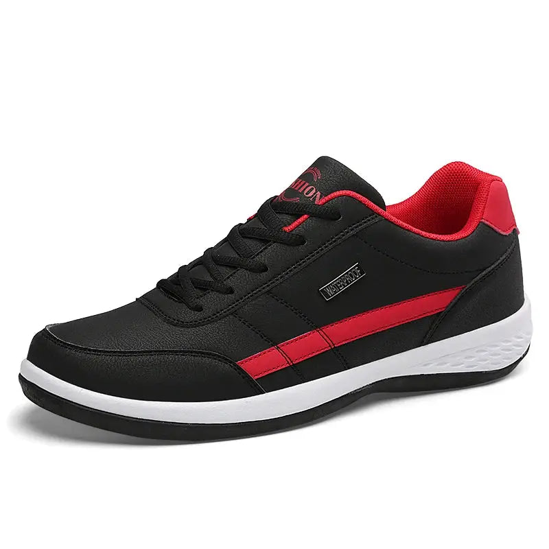 Leather men’s sneakers by Simples Market, black upper with red stripe and white sole