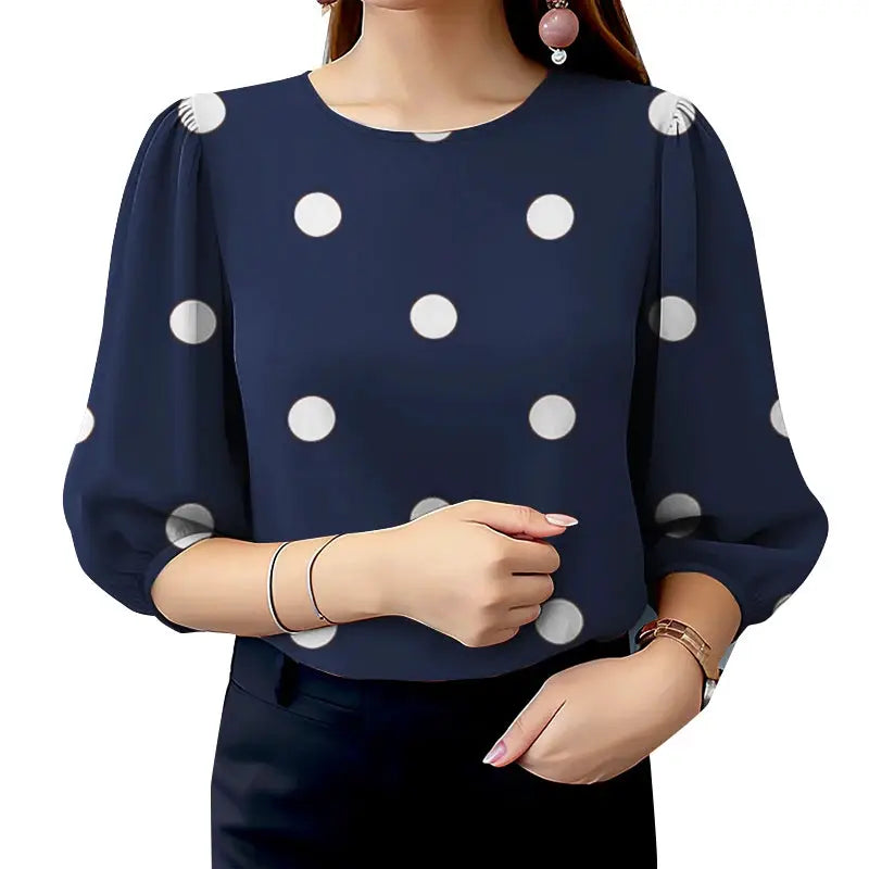 Polka Dot Blouse For Women ZANZEA O Neck Three Quarter Sleeve Top