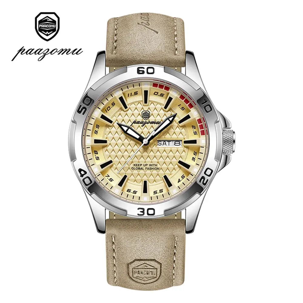 PAAZOMU men's luxury quartz watch with beige leather strap, gold-tone dial, stainless steel case, date window